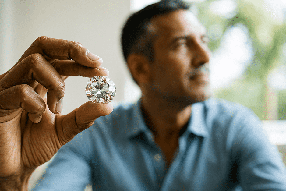 Diamond feelings in 10 years: Person holding a diamond and visualizing its long-term value.