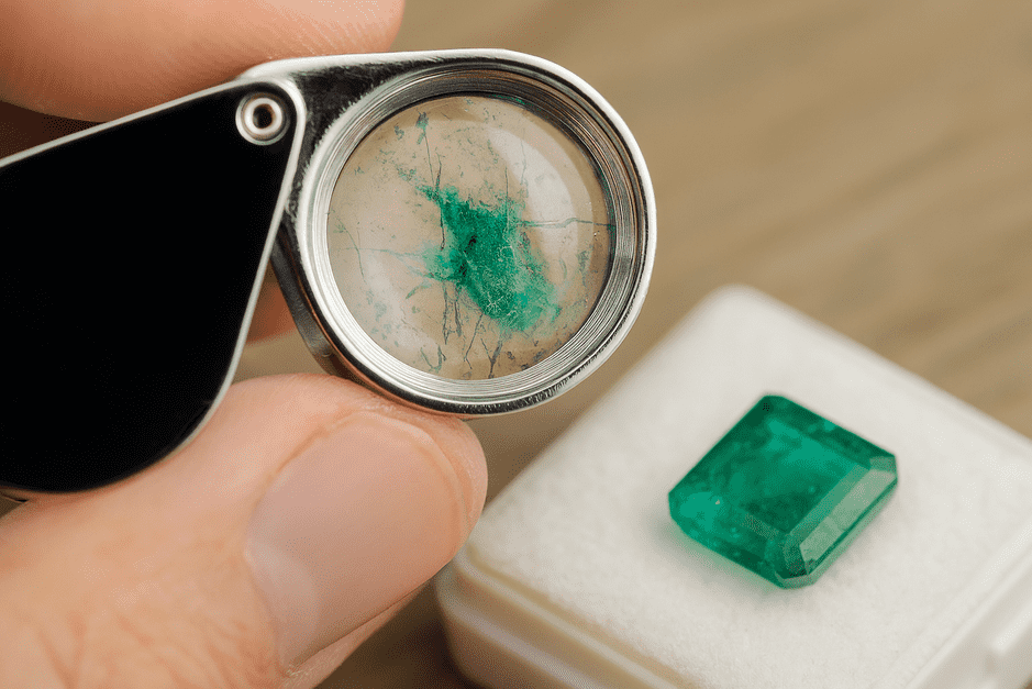 Close-up of emerald under magnification showing surface chip on edge.