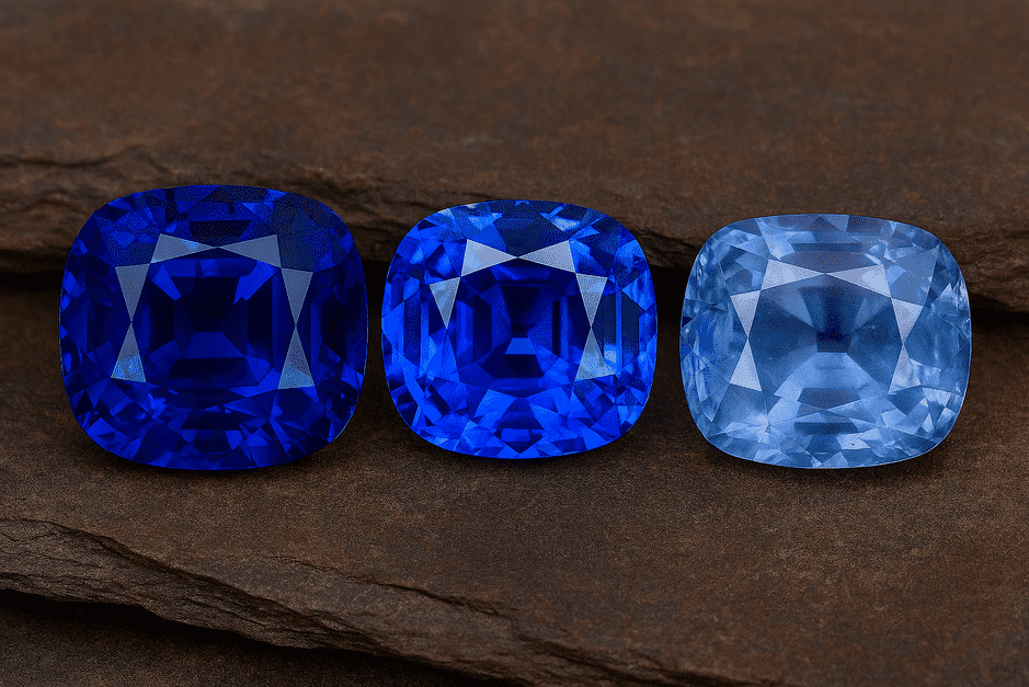 Kashmir sapphire origin comparison showing Ceylon and Madagascar sapphires.
