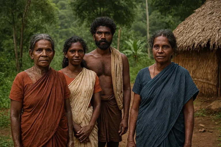 Group of tribal people from Kerala in traditional attire in a forested environment.