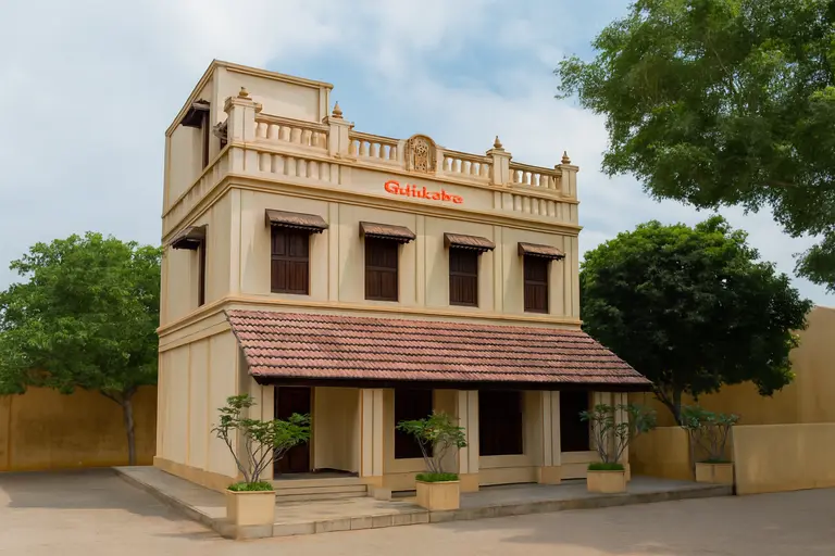 Exterior of Pettagam Chettinad jewellery museum in Karaikudi, showcasing heritage architecture