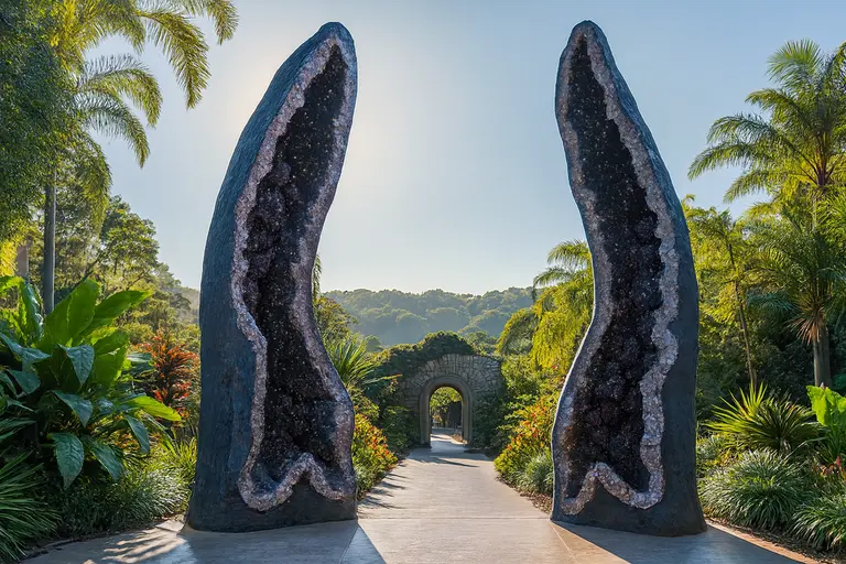 Crystal Castle entrance with tall crystal formations and subtropical gardens