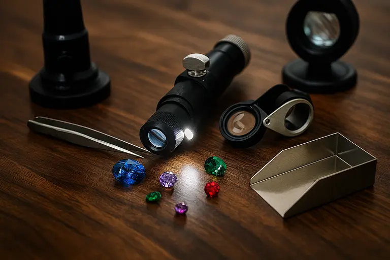 gem identification tools arranged on a gemologist’s table