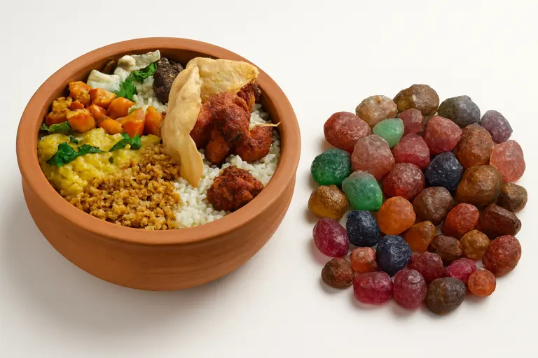 Chatti Choru and Rough Gems showing raw beauty in food and stone.