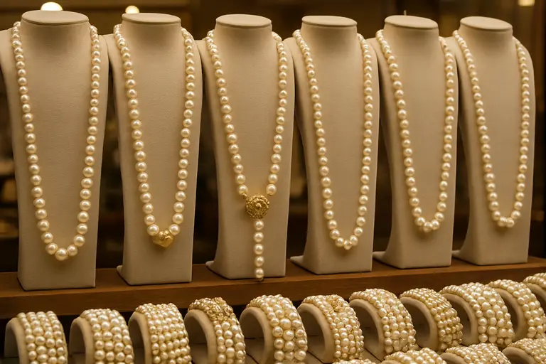 Hyderabad pearl strands displayed in a jewellery shop.
