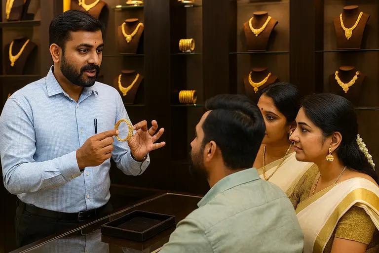 Indian jewelry sales secrets demonstrated by a showroom salesperson