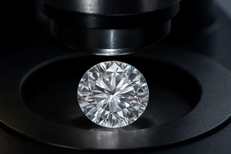 Lab-grown diamond under microscope showing clarity and structure.