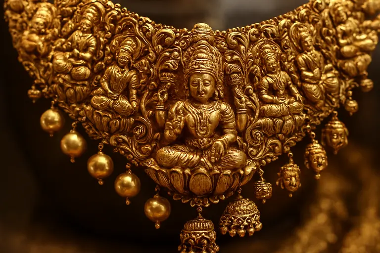 South Indian temple jewelry with Lakshmi motif in 22K gold.