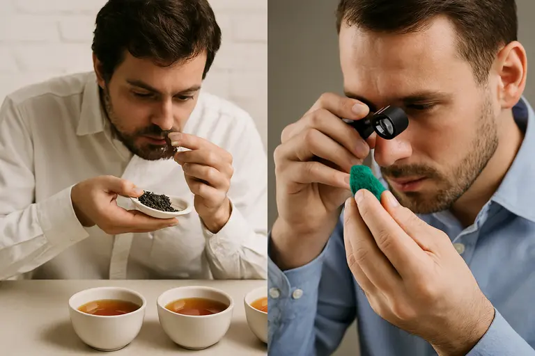 A cup of tea and a rough colored gemstone illustrating Tea Tasting and Colored Stone Grading.