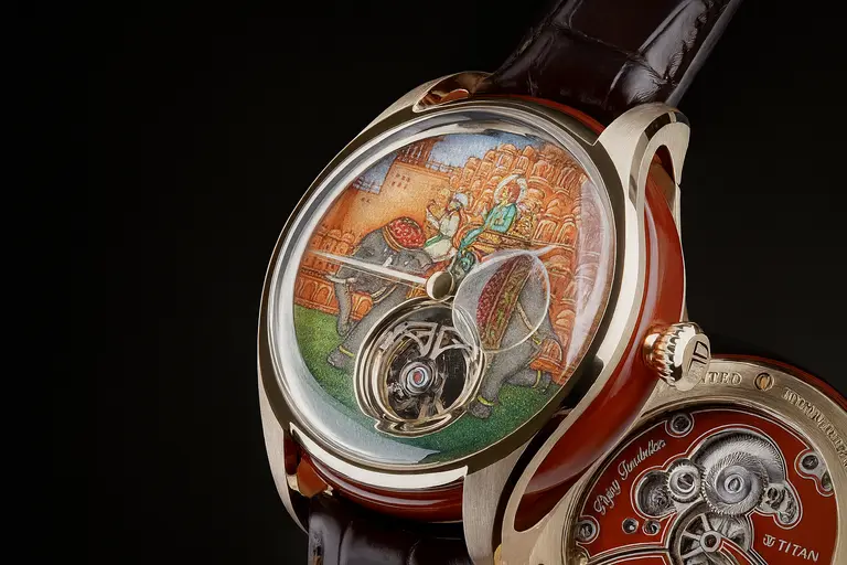 The Titan Nebula Jalsa flying tourbillon watch featuring a hand-painted dial.