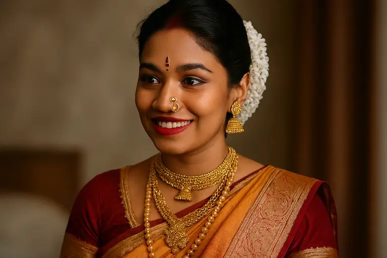 A Maharashtrian bride wearing Traditional Maharashtrian Jewellery including Nath and Thushi.