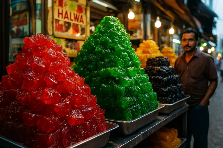 Blocks of colorful Kozhikode Halwa stacked like rough gemstones illustrating Kozhikode Halwa and Colored Stones.