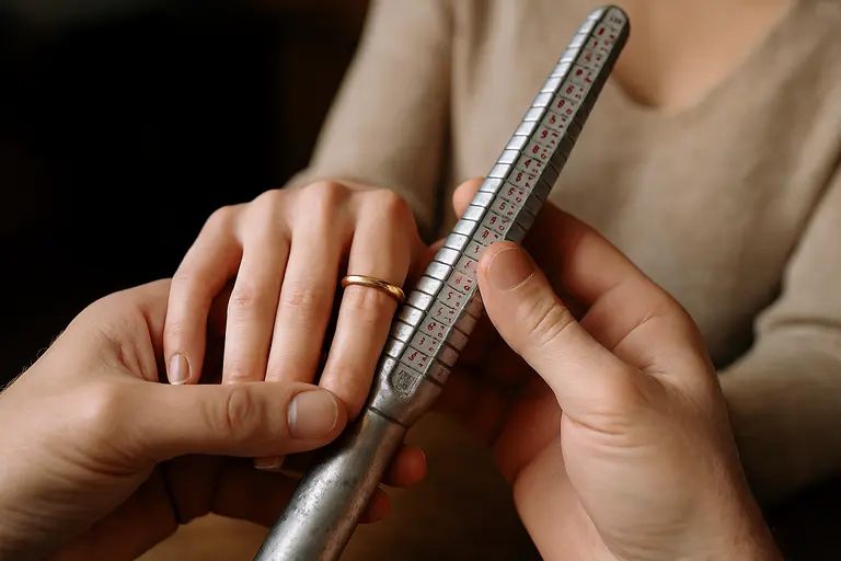 A jeweler measuring a client's finger size for a ring after GLP-1 weight loss.