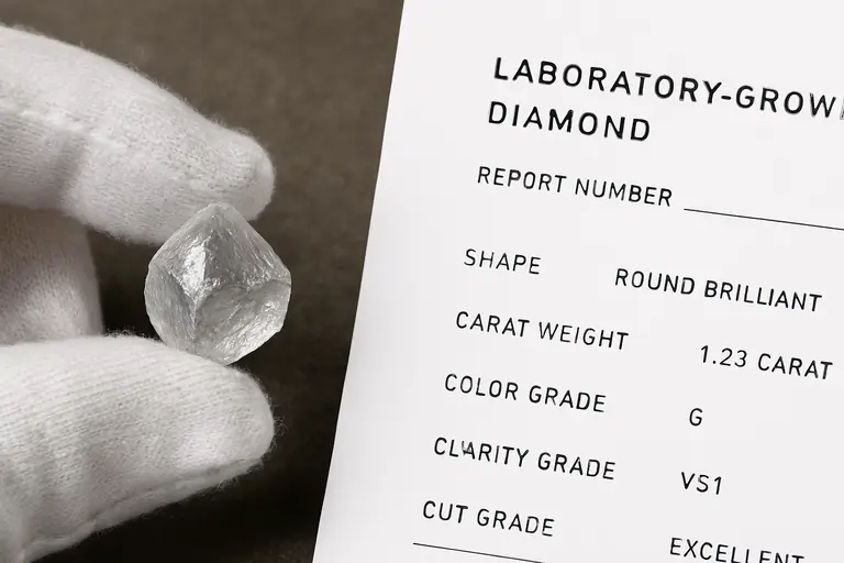 A jeweler holding a rough natural diamond crystal next to a lab-grown diamond report.