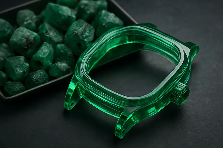 A luxury watch featuring a case made of green Synthetic Emeralds in Watches.