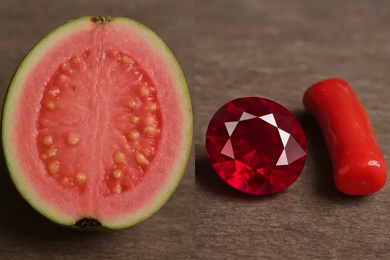 A sliced pink Allahabad Surkha Guava next to a red ruby gemstone.