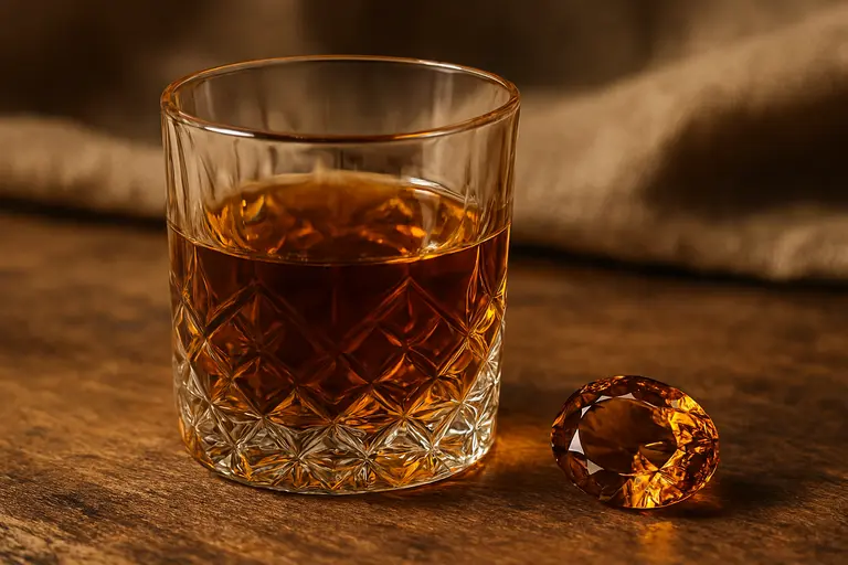 A glass of golden Ceylon Arrack next to a faceted brown Sinhalite gemstone.