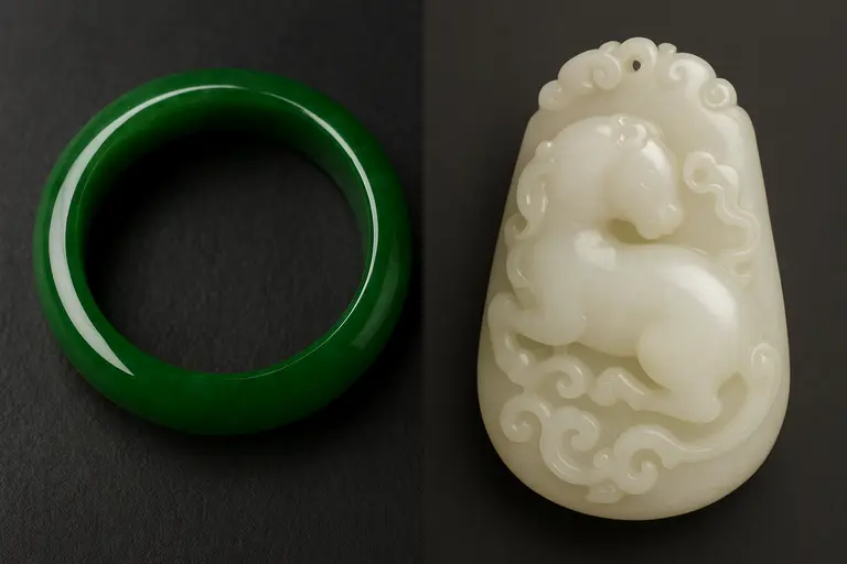 A comparison of a green translucent Jadeite bangle vs a creamy opaque Nephrite carving.