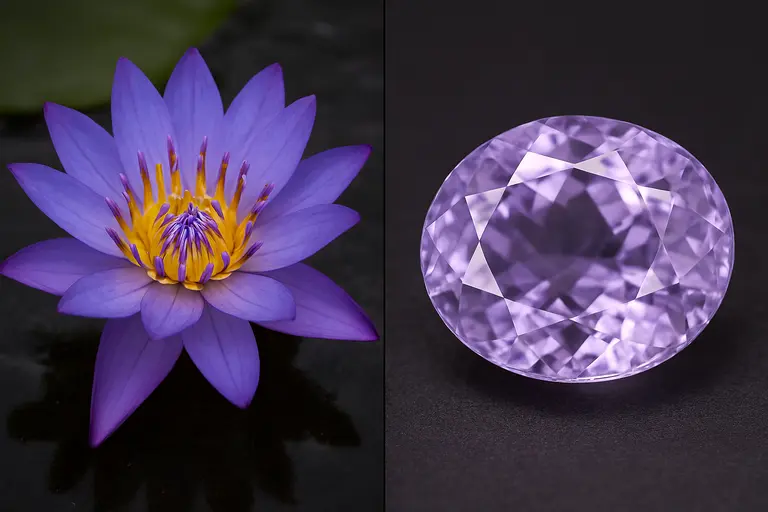 A pale violet Nil Manel flower compared to a lilac Taaffeite gemstone.