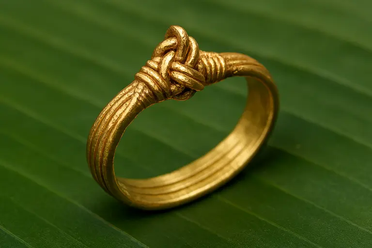 A close-up of a gold Payyannur Pavithra Ring showing the unique knot.