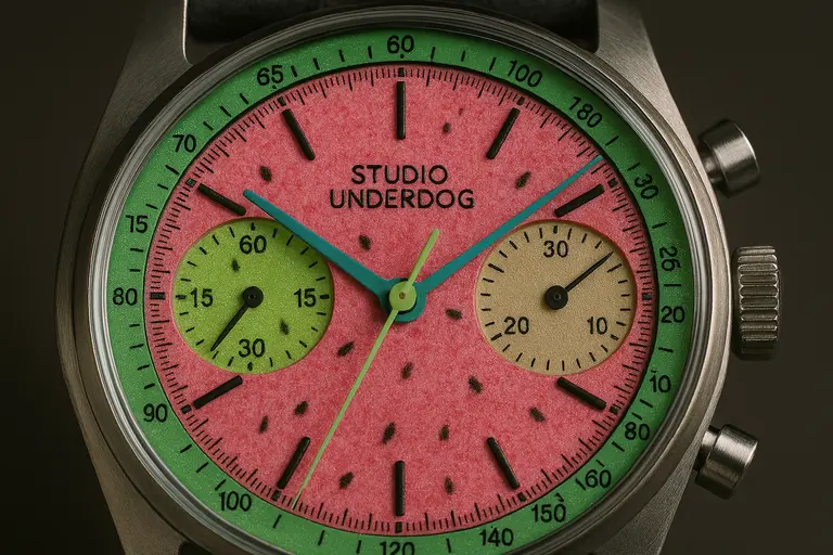 The Studio Underd0g Watermel0n chronograph watch on a wrist.