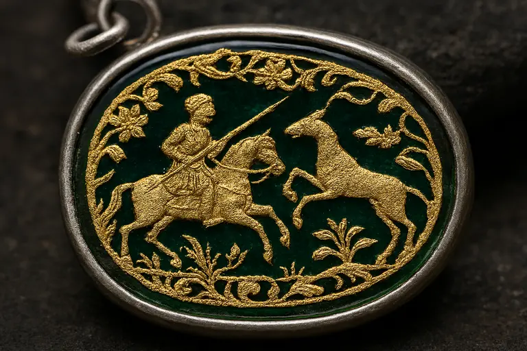 A detailed Thewa Jewelry pendant showing gold hunting scenes on green glass.