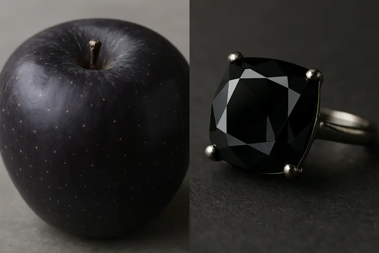 A dark purple Black Diamond Apple next to a faceted Black Diamond gemstone.