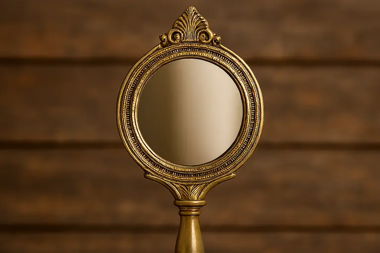 A traditional handcrafted Aranmula Kannadi metal mirror reflecting a lamp.