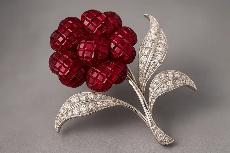 A Van Cleef & Arpels Mystery Set ruby brooch illustrating the Van Cleef & Arpels Business Model.