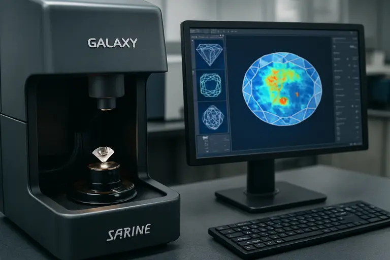 A robotic arm scanning a diamond using AI for Gem Grading technology.