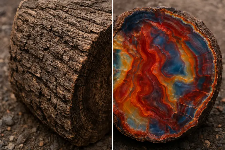 A polished slice of Arizona Rainbow Petrified Wood next to a rough log.
