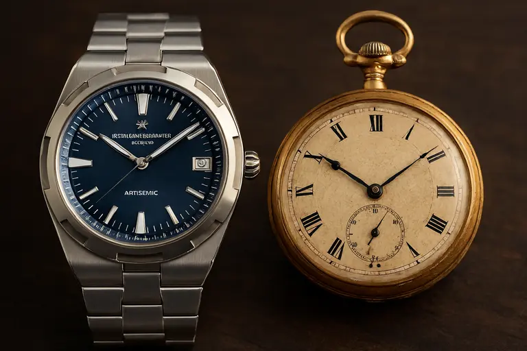 A Vacheron Constantin Overseas watch next to a vintage pocket watch illustrating the Vacheron Constantin Business Model.