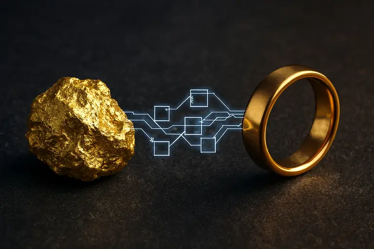 A gold bar with a digital QR code stamp illustrating the Future of Single Mine Origin Gold.