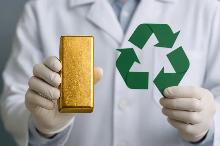 A scientist holding a gold bar next to a recycling symbol illustrating Lab-Grown Gold Explained.