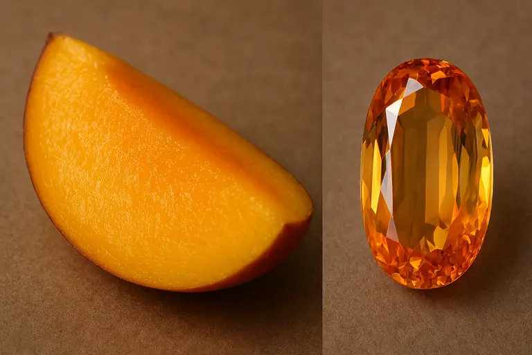 A ripe Alphonso Mango next to a faceted Imperial Topaz gemstone illustrating Alphonso Mango and Imperial Topaz.
