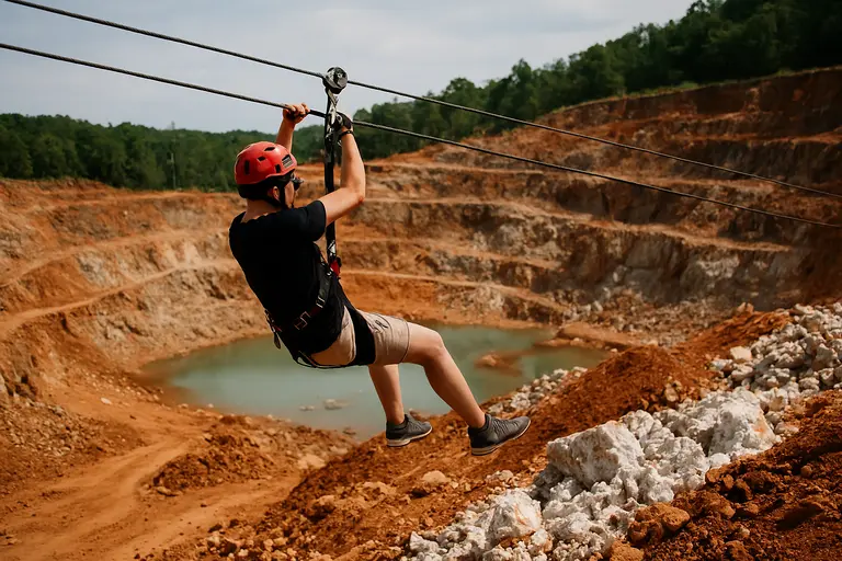A person Ziplining Over Crystals Hot Springs AR at Ron Coleman Mining.