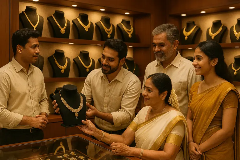 A respectful jewelry store manager greeting a Syrian Christian family in Kerala illustrating Jewelry Retail Etiquette in Kerala.