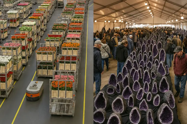 A bustling floor at the Tucson Gem Show next to the Royal FloraHolland flower auction.