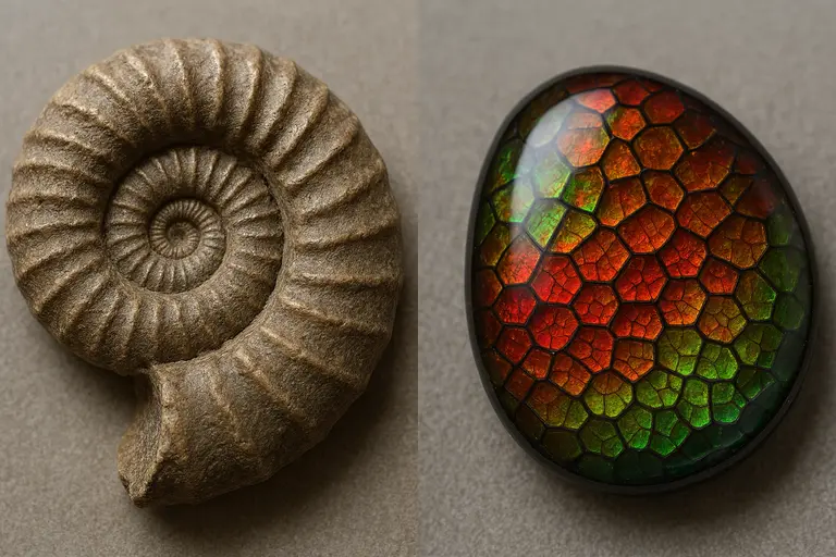 A vibrant red and green Ammolite Gemstone cabochon next to a fossilized ammonite shell.