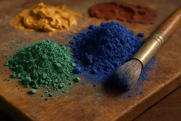 An artist using blue Lapis Lazuli mineral pigment to paint a canvas illustrating Mineral Art.