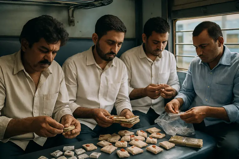 An Angadia courier sorting packages on a train illustrating the Angadia System.