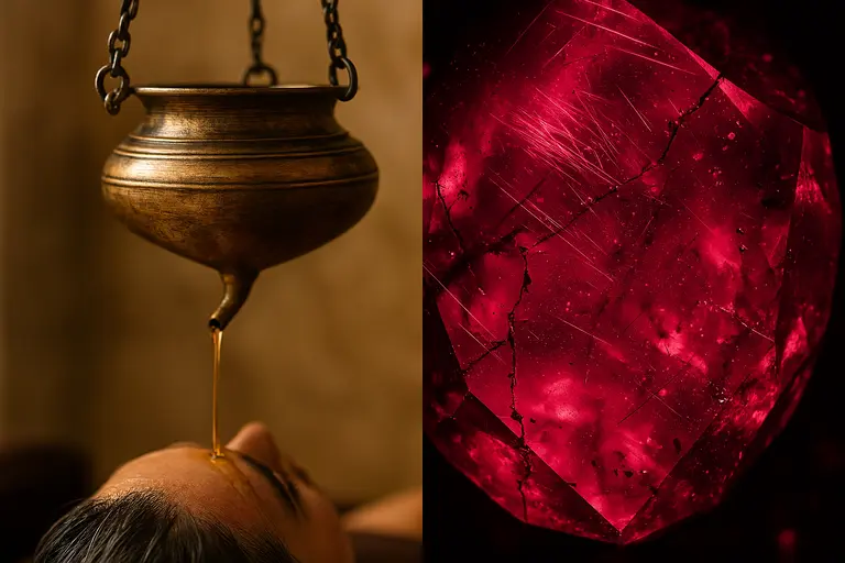An Ayurvedic oil massage setup next to a heat-treated ruby gemstone illustrating Ayurvedic vs Gemstone Treatments.