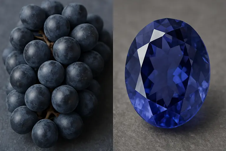 A bunch of Bangalore Blue Grapes next to a faceted Iolite gemstone.
