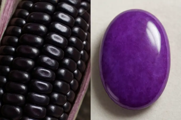 A cob of Peruvian Purple Corn next to a polished Sugilite gemstone illustrating Purple Corn vs Sugilite.