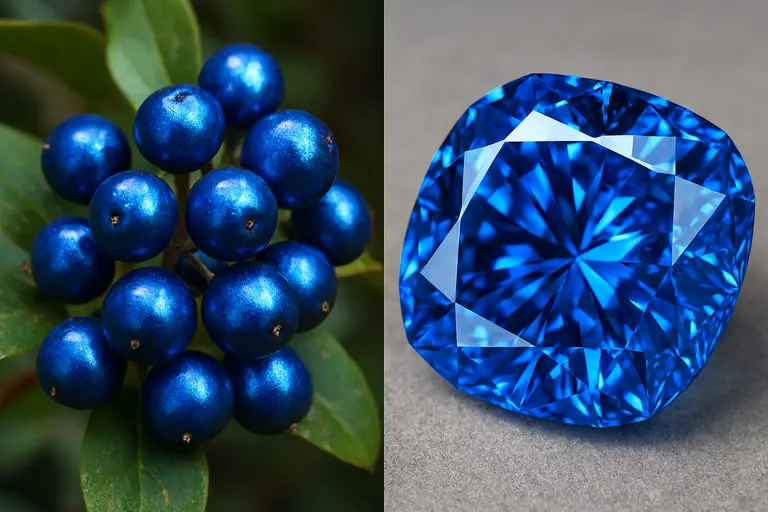 A cluster of metallic blue Marble Berries next to a Blue Diamond illustrating Marble Berry vs Blue Diamond.