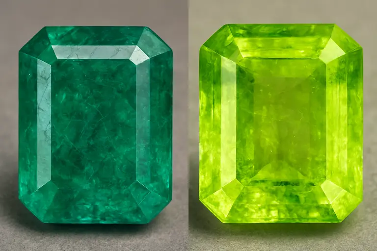 A vivid green Colombian Emerald next to a lighter Brazilian Emerald illustrating Muzo vs Bahia Emerald Buying.