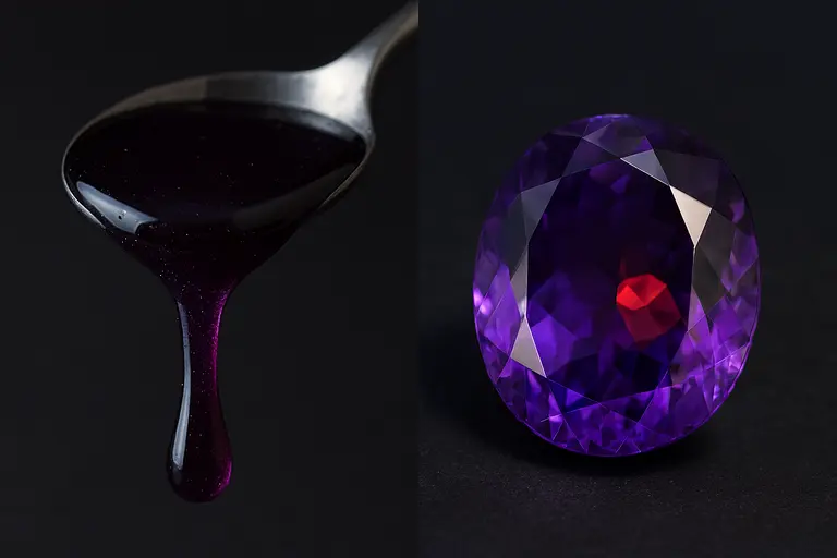 A jar of violet North Carolina Purple Honey next to a cut Four Peaks Amethyst gem.