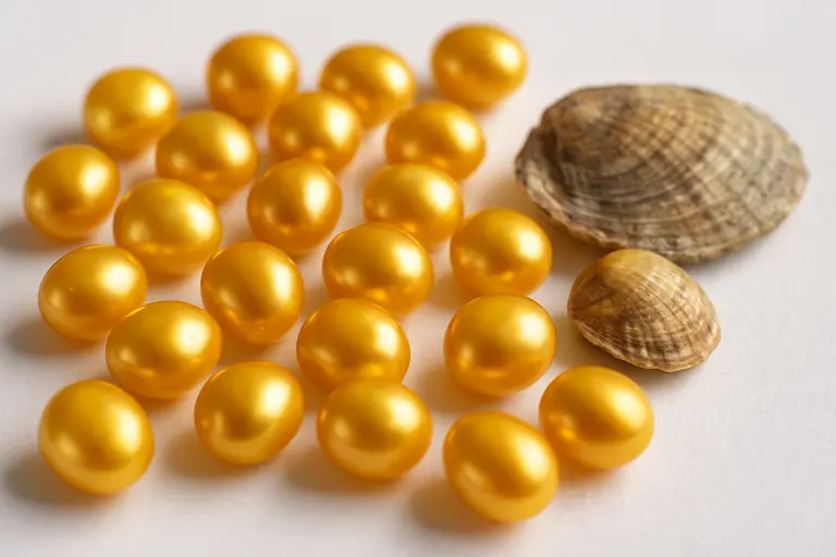 A cluster of golden Rare Pipi Pearls next to a Pinctada maculata shell.