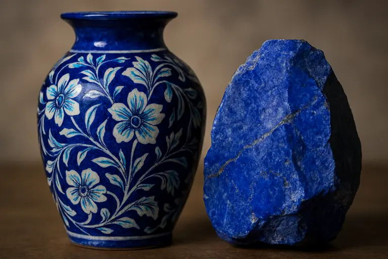 A Jaipur Blue Pottery vase next to a rough Lapis Lazuli stone illustrating Jaipur Blue Pottery vs Lapis Lazuli.