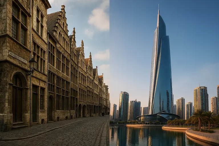 A view of the Antwerp Diamond District next to the Dubai Almas Tower illustrating Antwerp vs Dubai Diamonds.